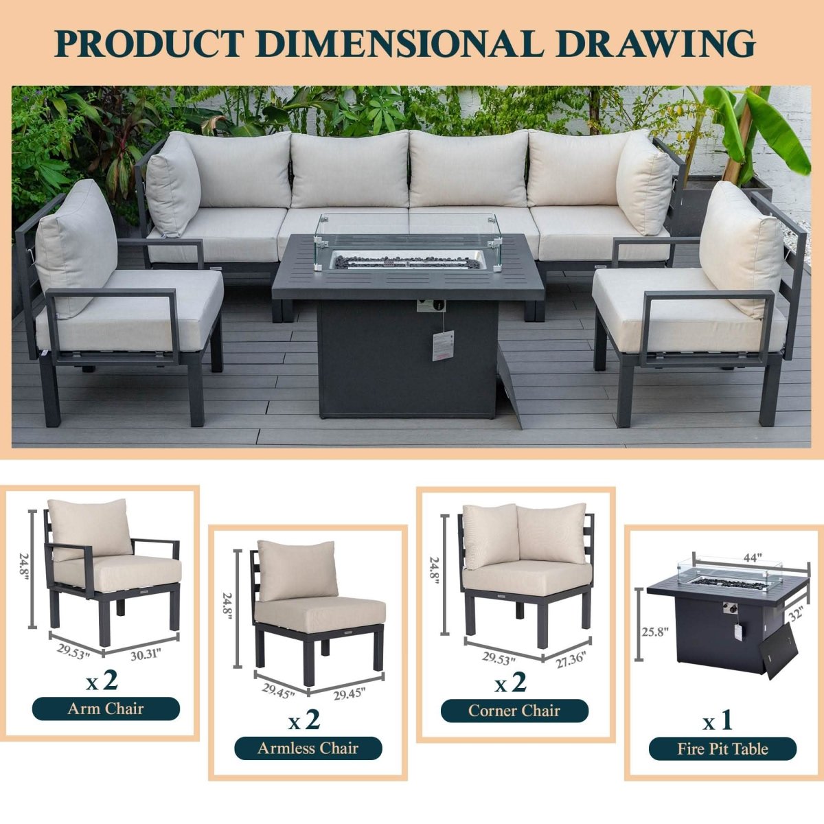 Chelsea 7 - Piece Patio Sectional Set in Black Aluminum with Fire Pit Table