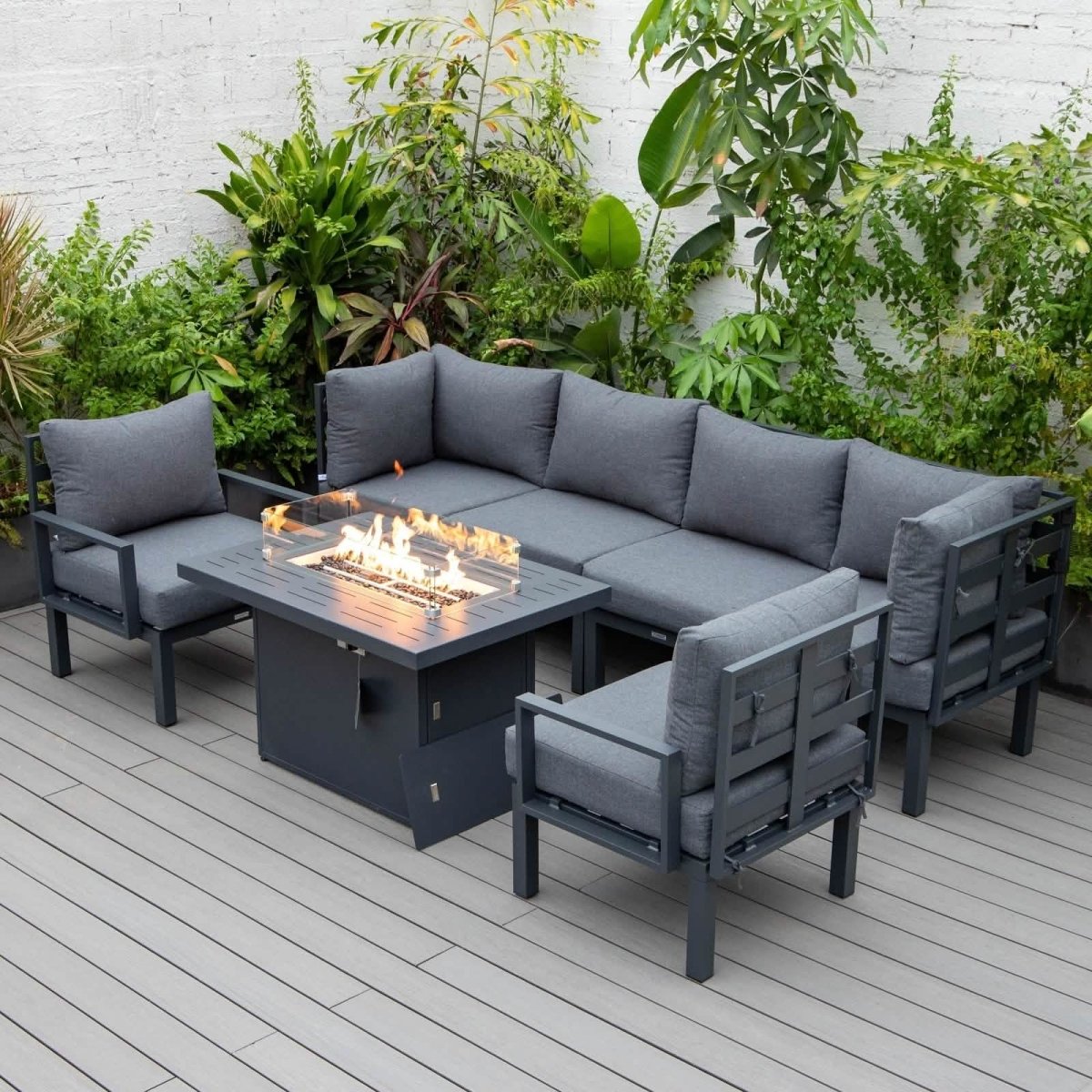 Chelsea 7 - Piece Patio Sectional Set in Black Aluminum with Fire Pit Table