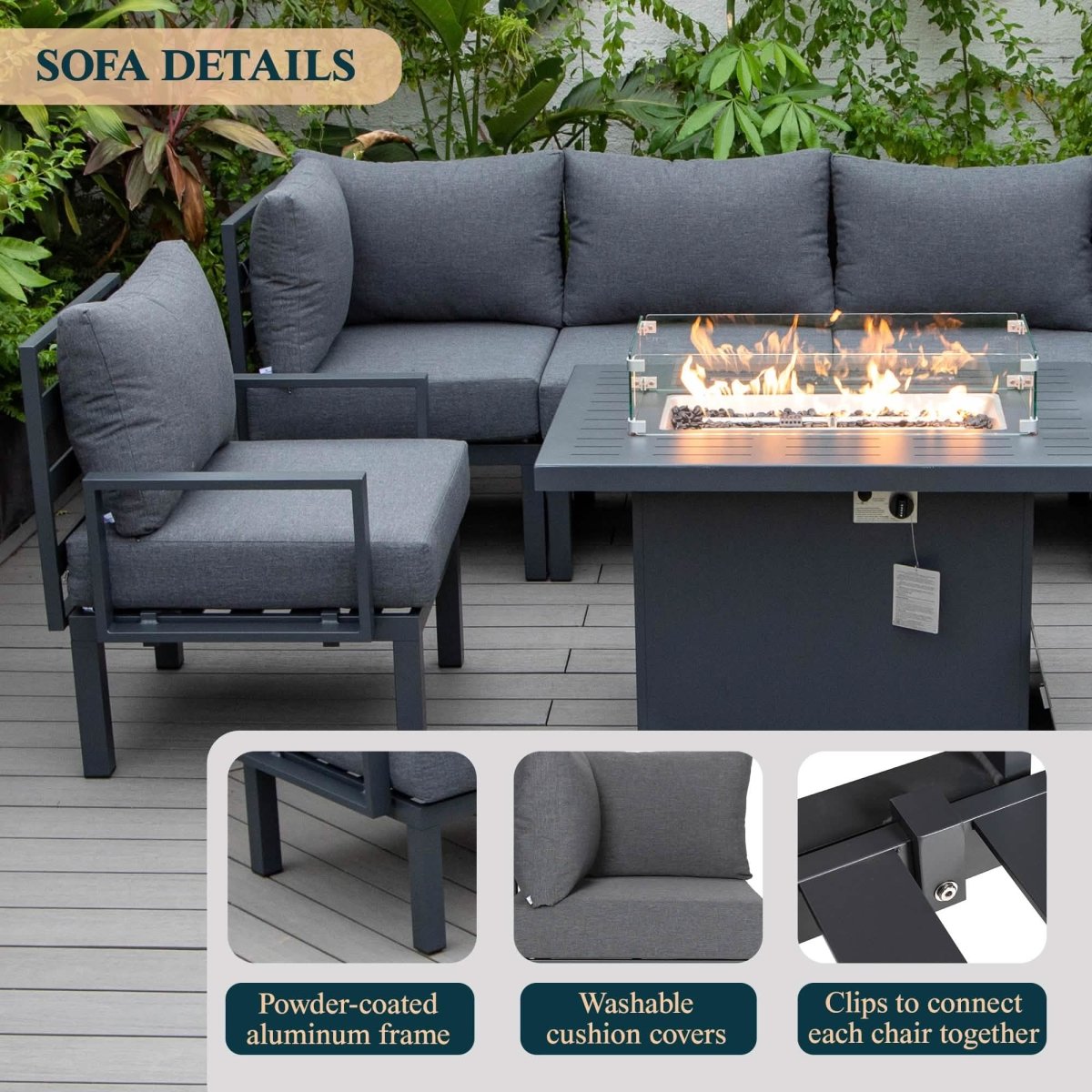 Chelsea 7 - Piece Patio Sectional Set in Black Aluminum with Fire Pit Table