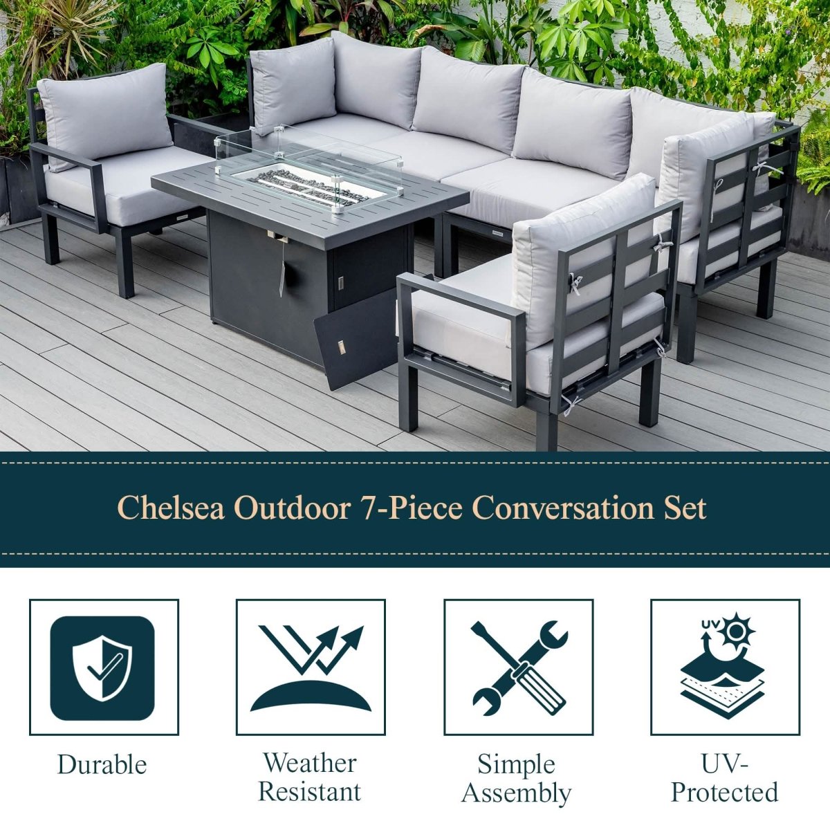 Chelsea 7 - Piece Patio Sectional Set in Black Aluminum with Fire Pit Table