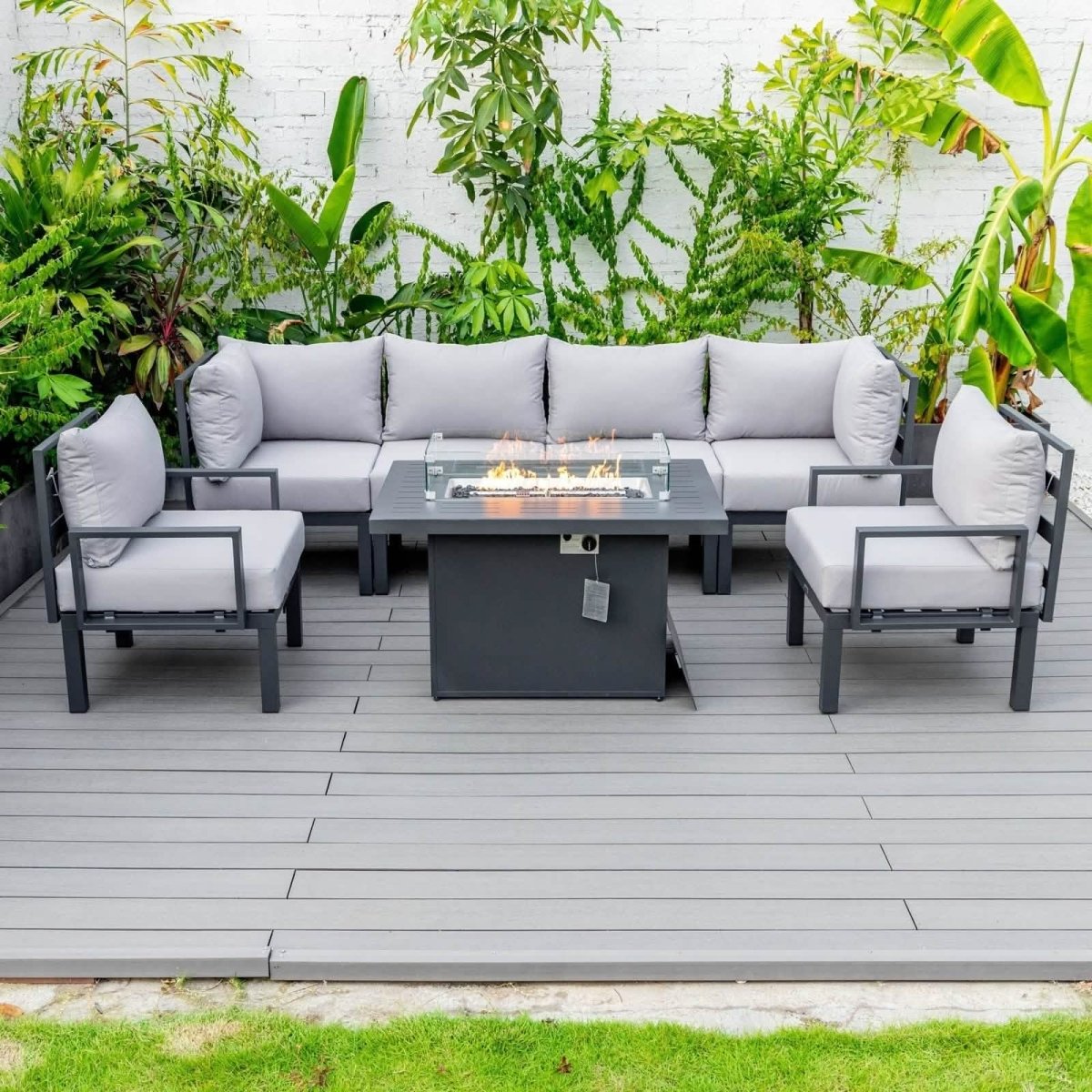 Chelsea 7 - Piece Patio Sectional Set in Black Aluminum with Fire Pit Table