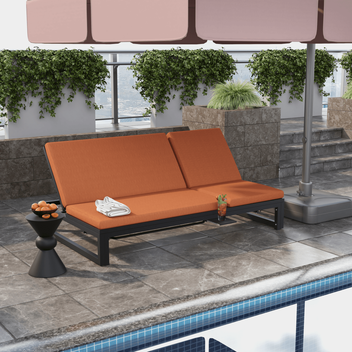 Chelsea Aluminum Outdoor 2 in 1 Convertible Sofa and Double Chaise Lounge Chair with Removable Cushions