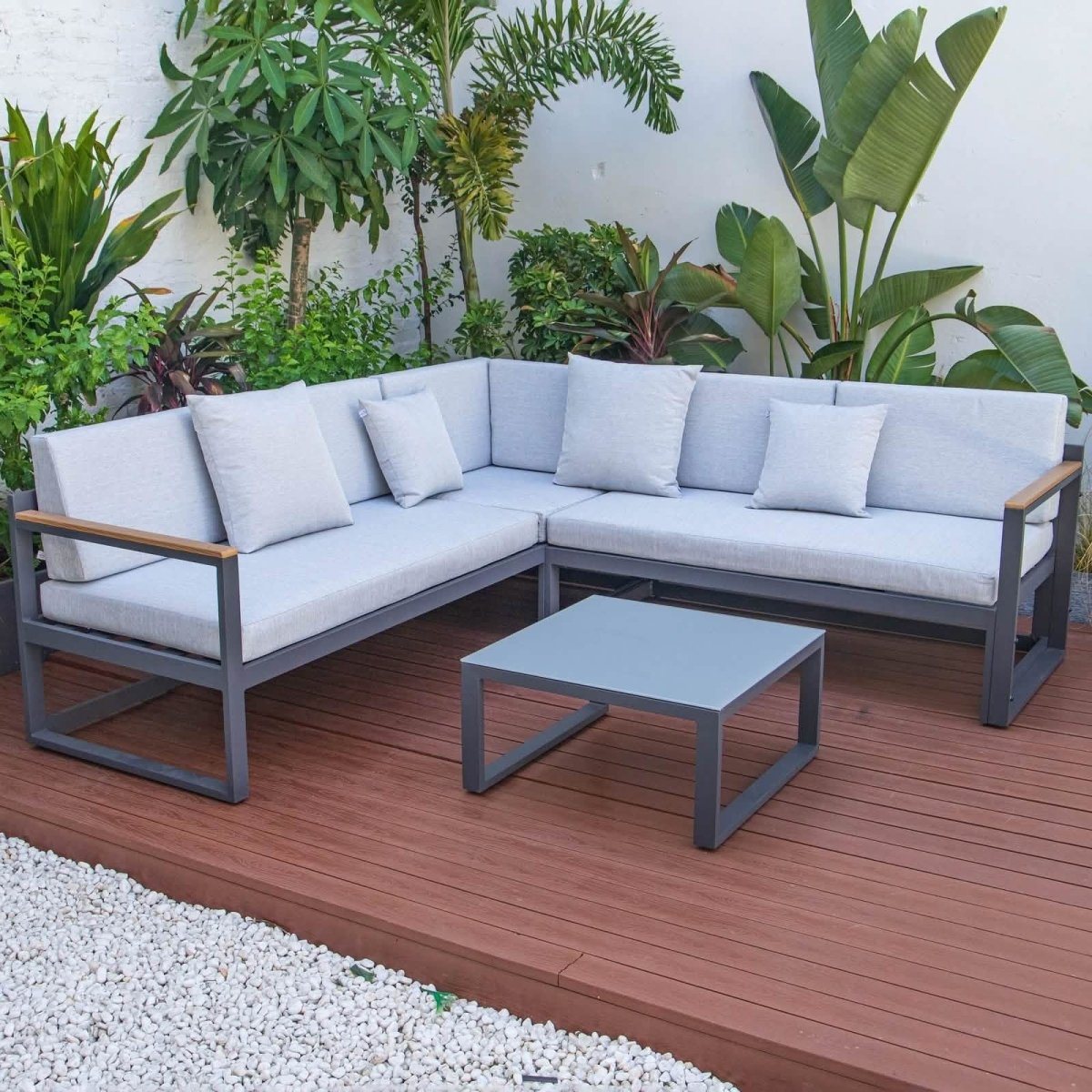 Chelsea Black/White Sectional With Adjustable Headrest & Coffee Table With Cushions