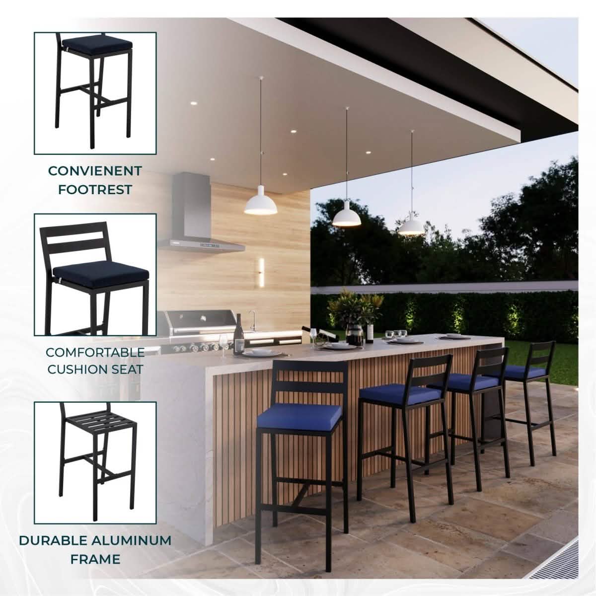 Chelsea Modern Patio Bar Chair in Powder - Coated Aluminum with Removable Cushion
