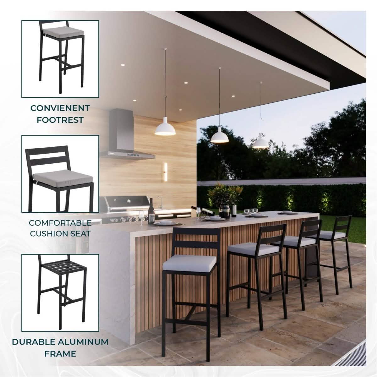 Chelsea Modern Patio Bar Chair in Powder - Coated Aluminum with Removable Cushion