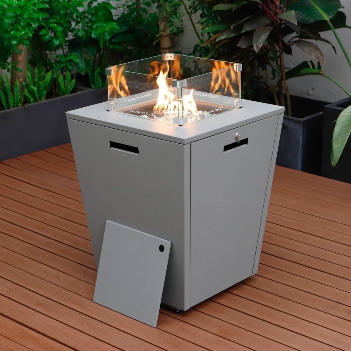 Chelsea Steel Fire Pit Table with Tempered Glass Wind Guard and Lid