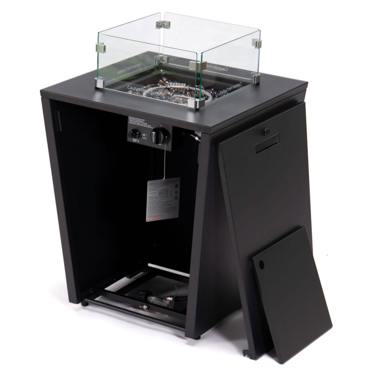 Chelsea Steel Fire Pit Table with Tempered Glass Wind Guard and Lid