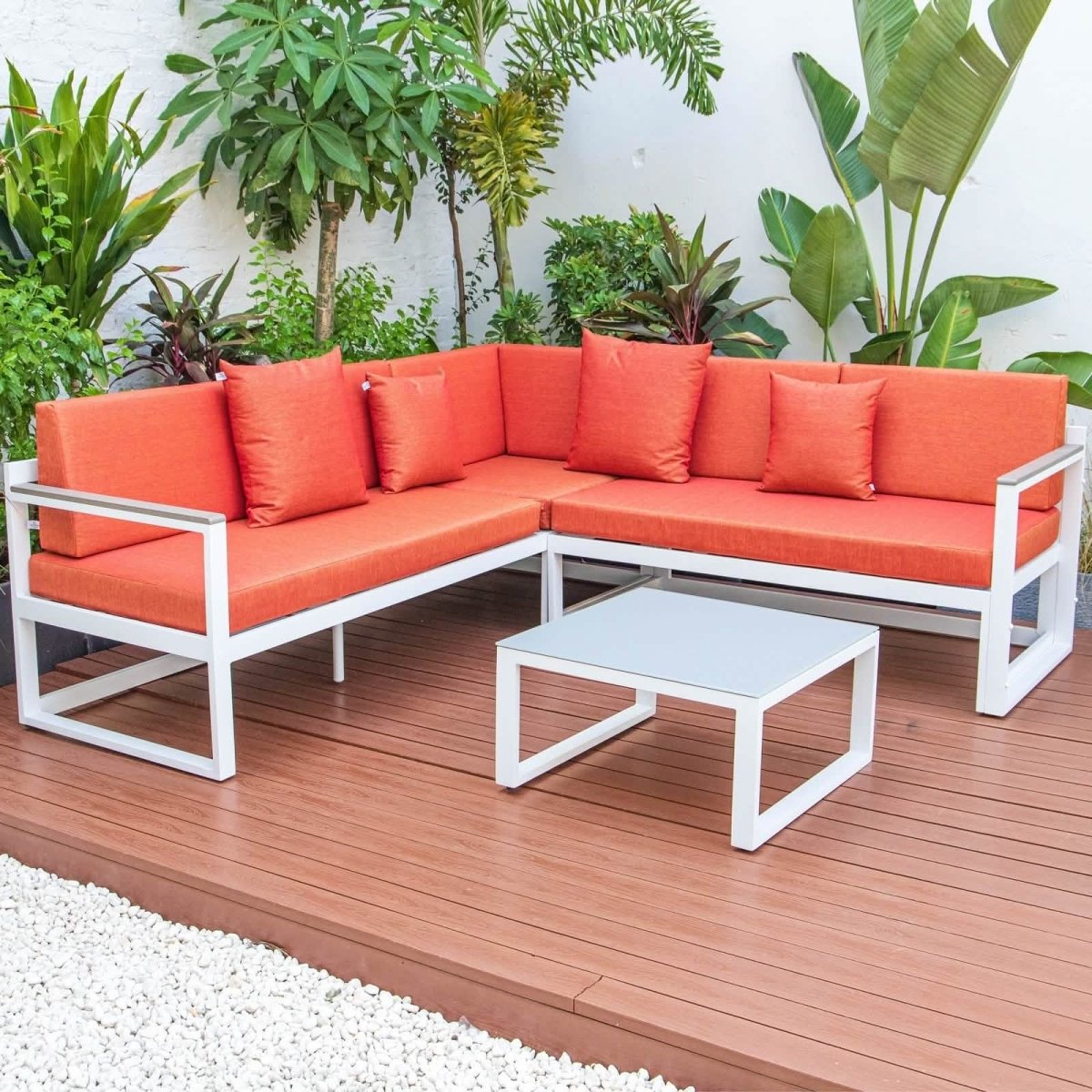Chelsea White Sectional With Adjustable Headrest & Coffee Table With Cushions
