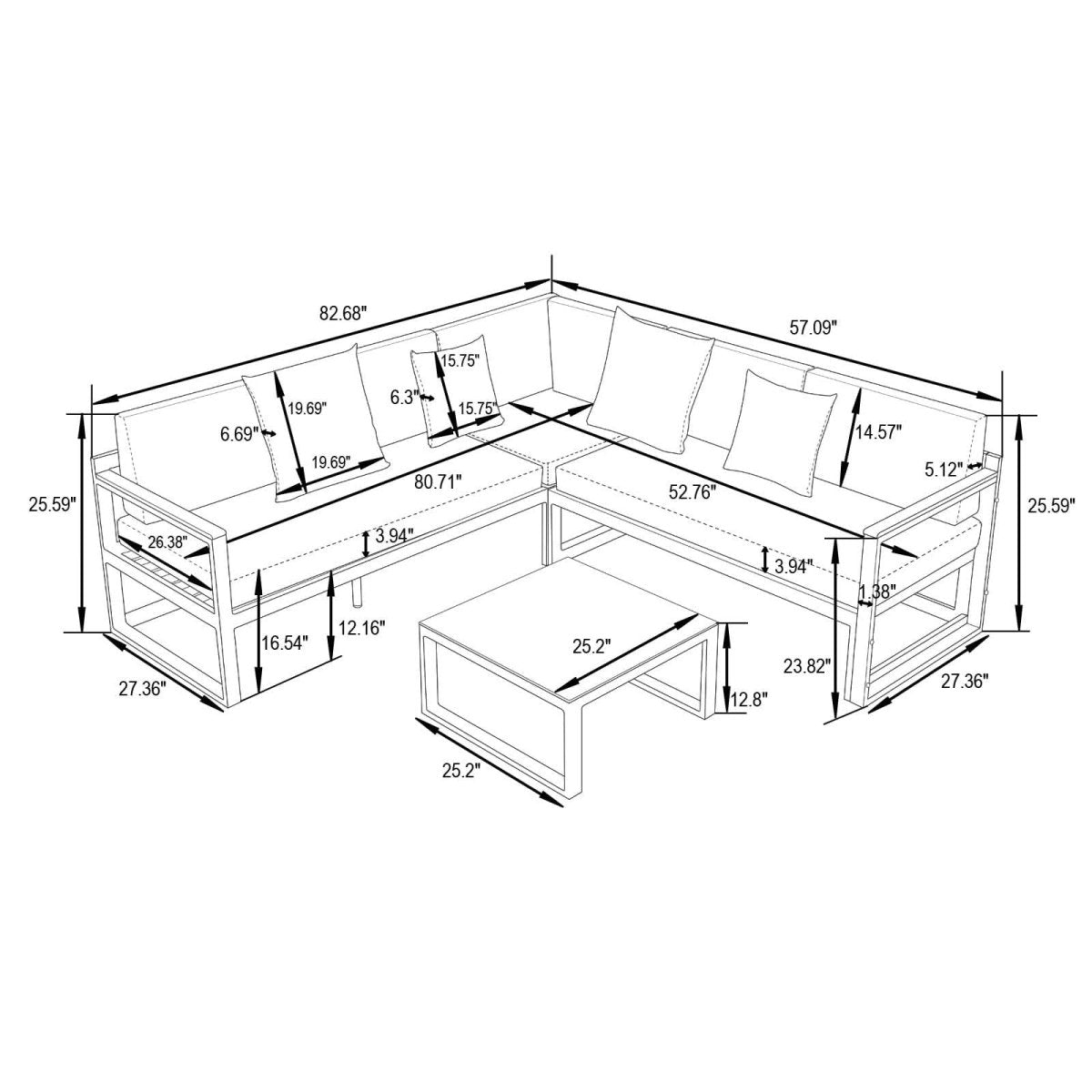 Chelsea White Sectional With Adjustable Headrest & Coffee Table With Cushions