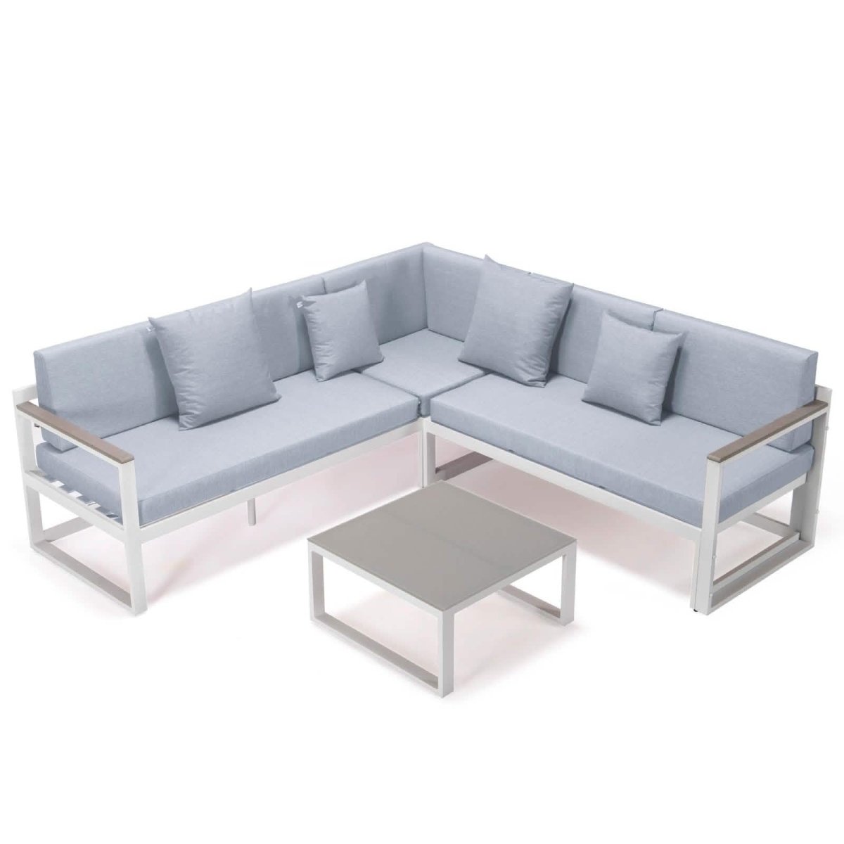 Chelsea White Sectional With Adjustable Headrest & Coffee Table With Cushions