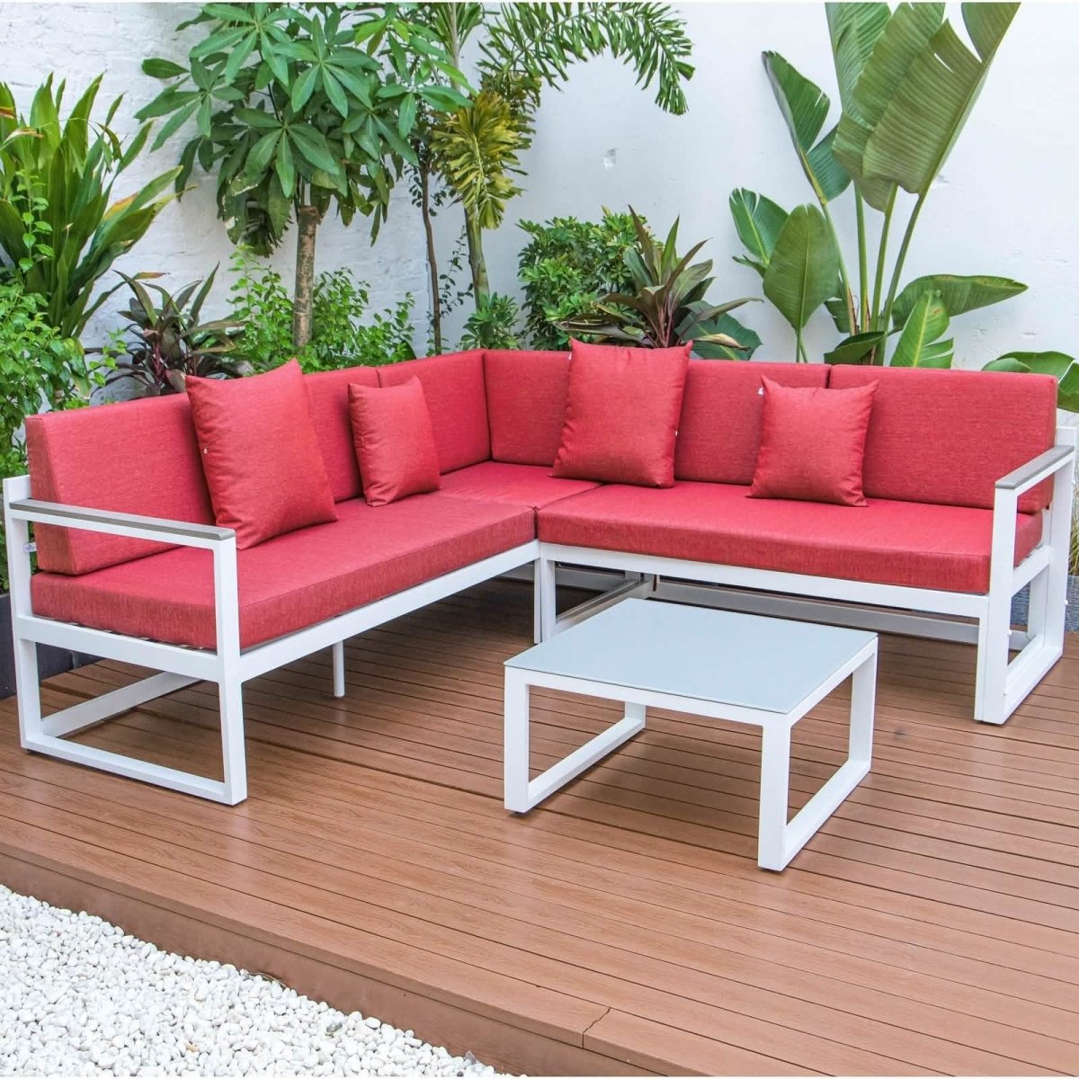 Chelsea White Sectional With Adjustable Headrest & Coffee Table With Cushions