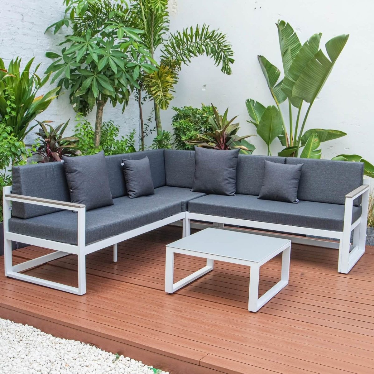Chelsea White Sectional With Adjustable Headrest & Coffee Table With Cushions