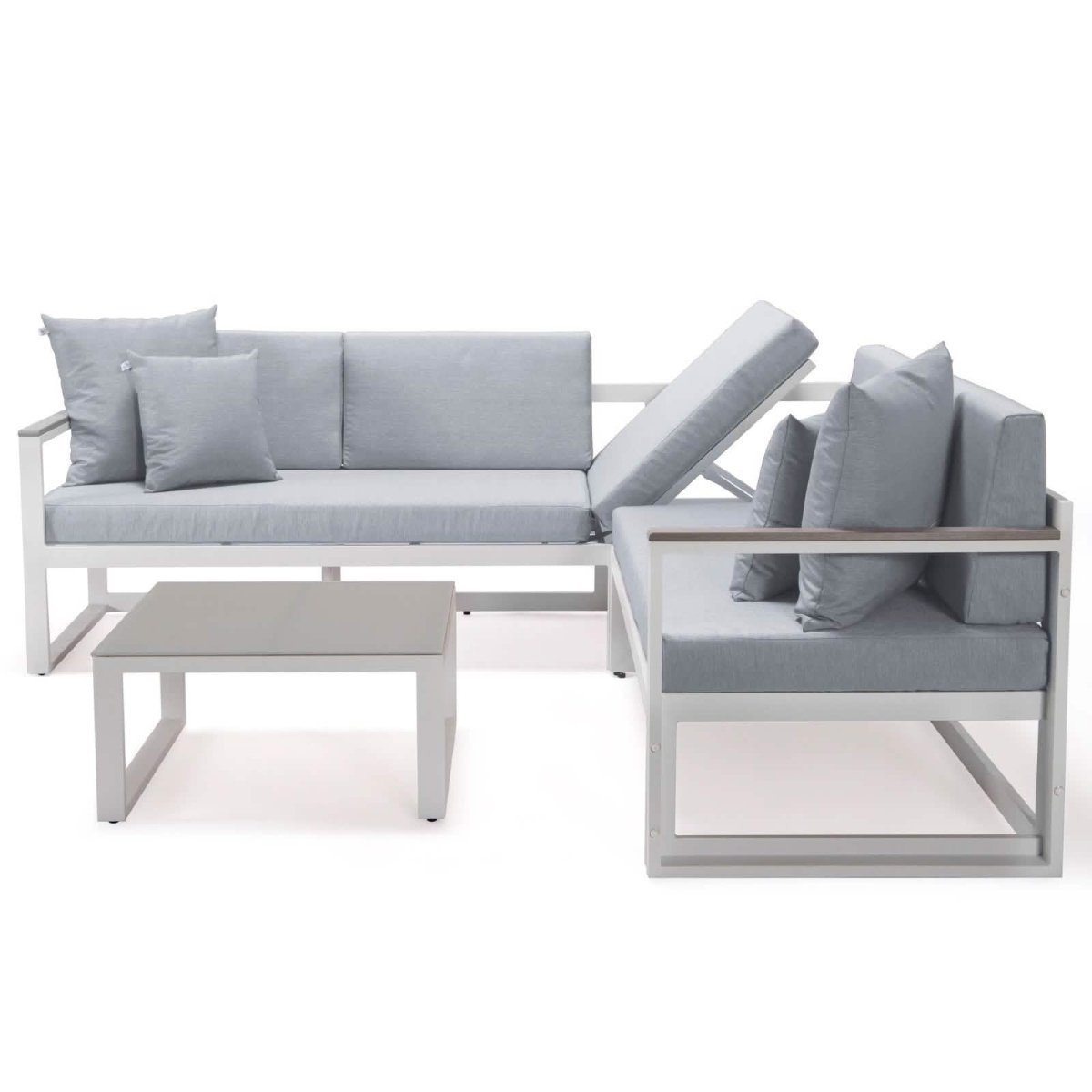 Chelsea White Sectional With Adjustable Headrest & Coffee Table With Cushions