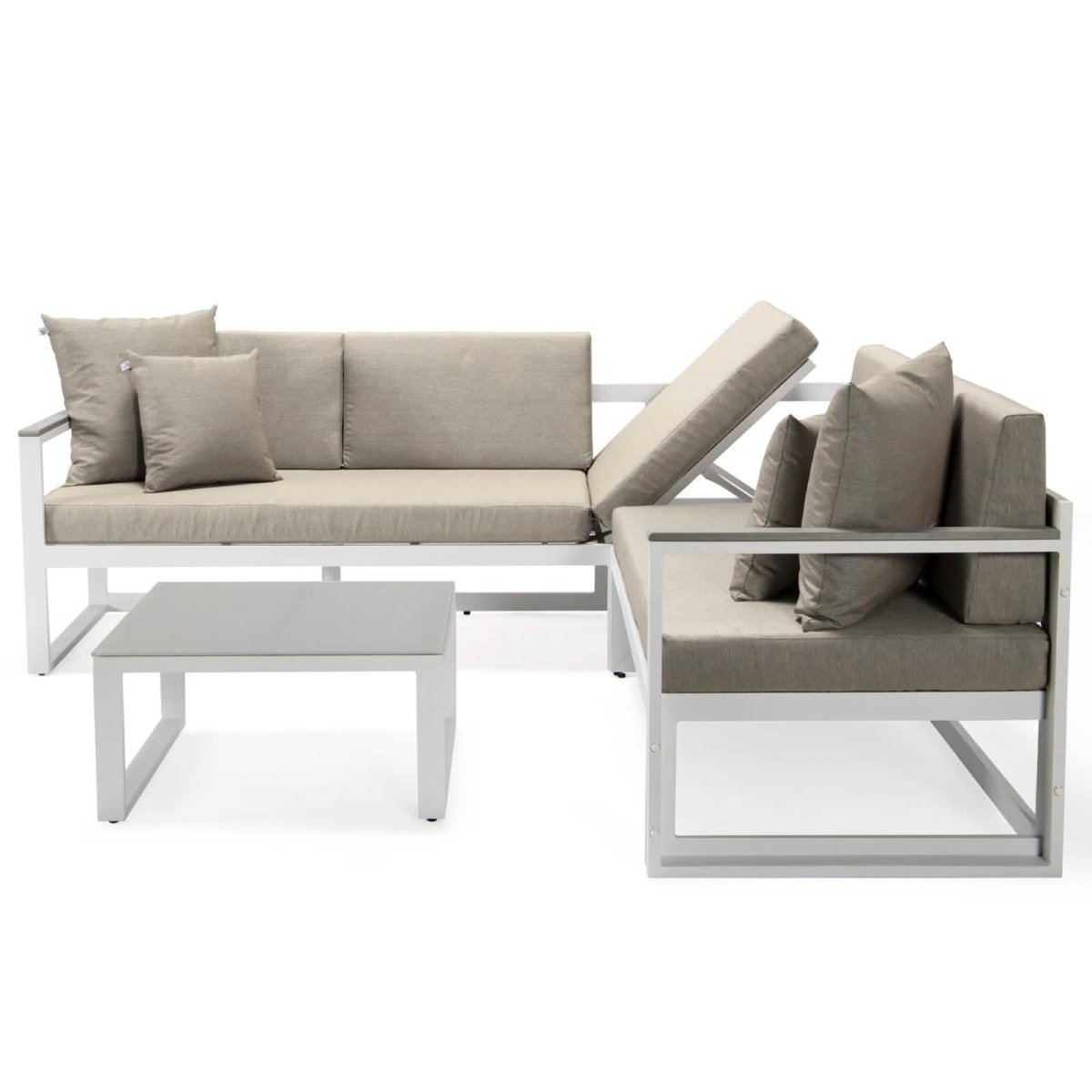 Chelsea White Sectional With Adjustable Headrest & Coffee Table With Cushions
