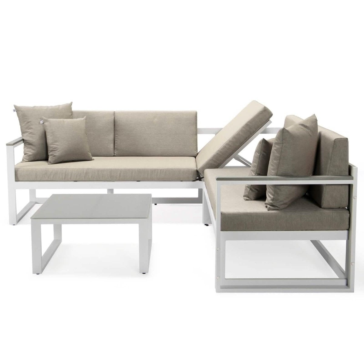 Chelsea White Sectional With Adjustable Headrest & Coffee Table With Cushions