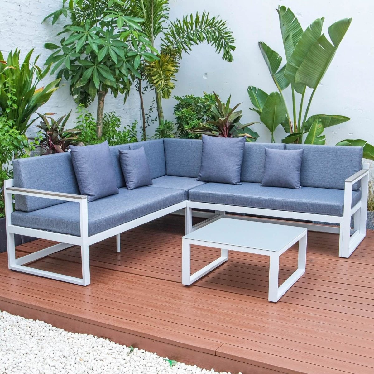 Chelsea White Sectional With Adjustable Headrest & Coffee Table With Cushions
