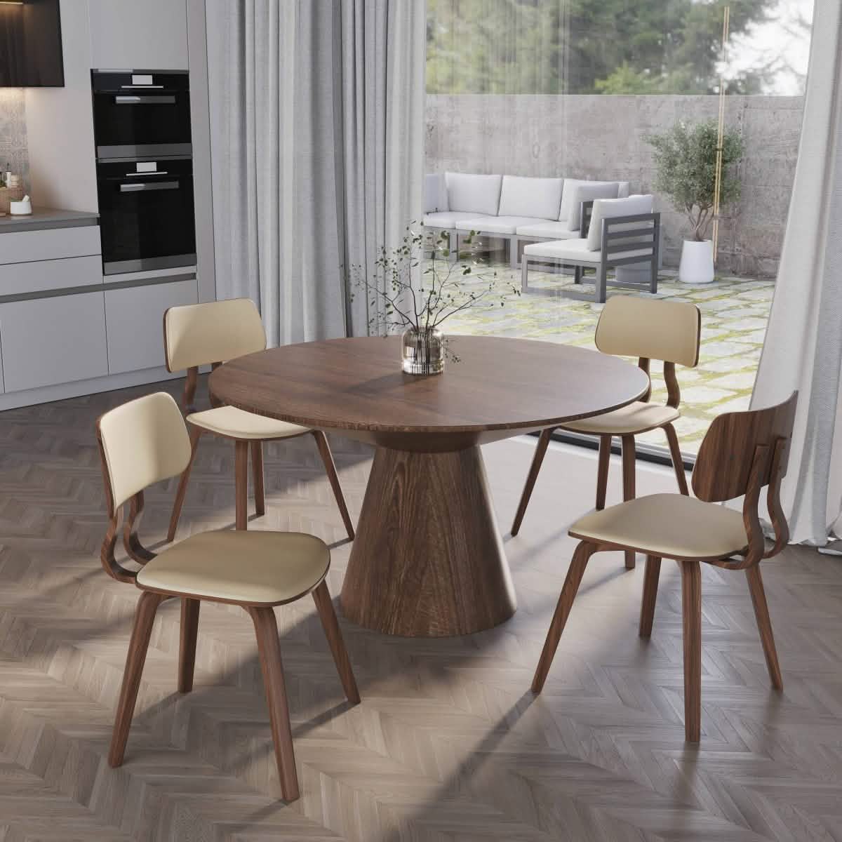 Clivo Modern Wooden Dining Chair Upholstered in Leather With Walnut Color Frame