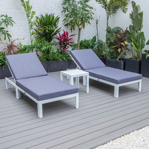 Chelsea Modern Outdoor White Chaise Lounge With Side Table & Cushions Set of Two