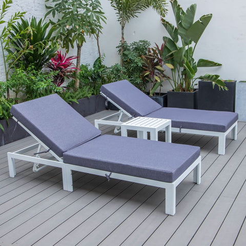 Chelsea Modern Outdoor White Chaise Lounge With Side Table & Cushions Set of Two