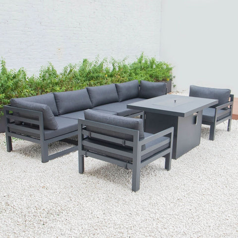Chelsea 7-Piece Patio Sectional & Fire Pit Table Black Aluminum With Cushions