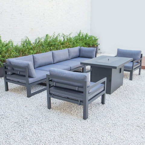 Chelsea 7-Piece Patio Sectional & Fire Pit Table Black Aluminum With Cushions