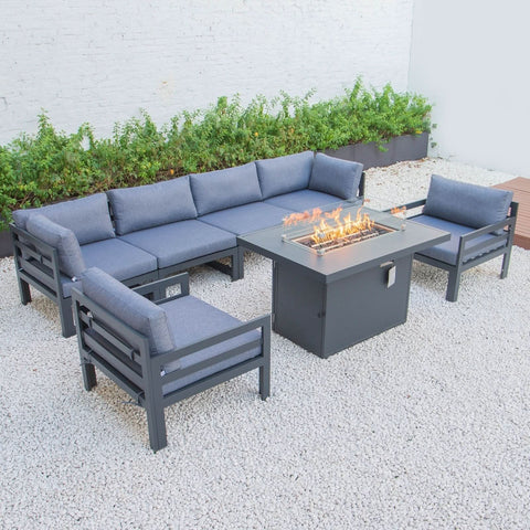 Chelsea 7-Piece Patio Sectional & Fire Pit Table Black Aluminum With Cushions