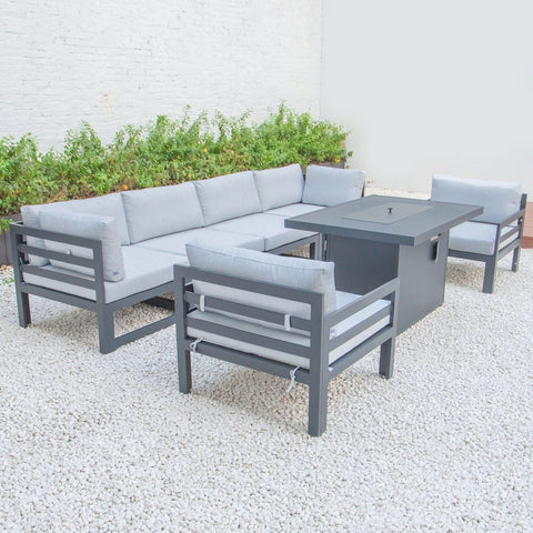 Chelsea 7-Piece Patio Sectional & Fire Pit Table Black Aluminum With Cushions