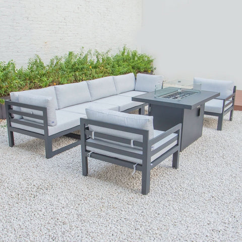 Chelsea 7-Piece Patio Sectional & Fire Pit Table Black Aluminum With Cushions