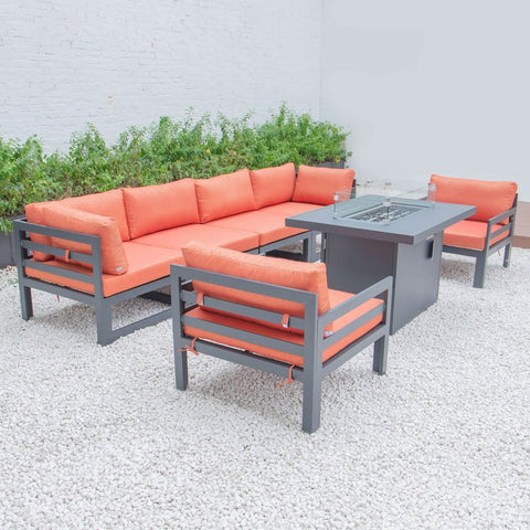 Chelsea 7-Piece Patio Sectional & Fire Pit Table Black Aluminum With Cushions