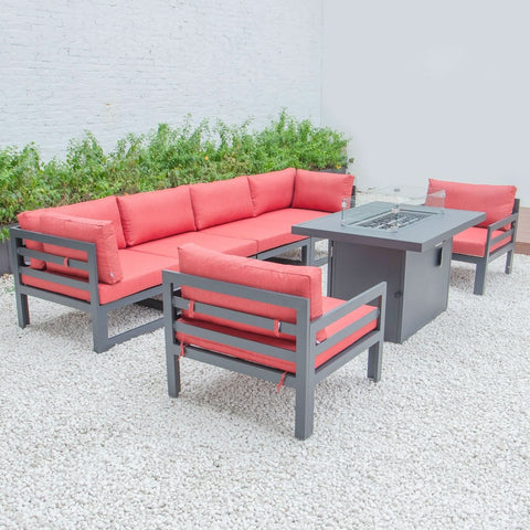 Chelsea 7-Piece Patio Sectional & Fire Pit Table Black Aluminum With Cushions