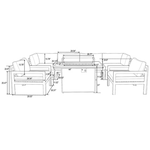 Chelsea 7-Piece Patio Sectional & Fire Pit Table Black Aluminum With Cushions