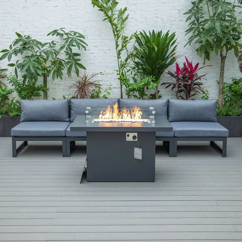 Chelsea 5-Piece Middle Patio Chairs and Fire Pit Table Set Black Aluminum With Cushions