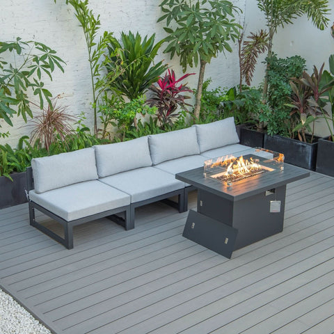 Chelsea 5-Piece Middle Patio Chairs and Fire Pit Table Set Black Aluminum With Cushions