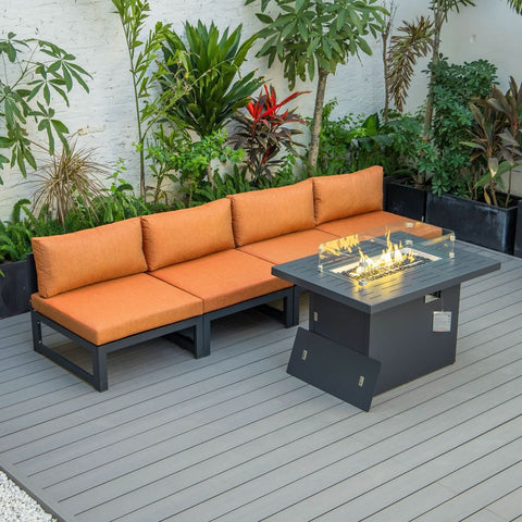 Chelsea 5-Piece Middle Patio Chairs and Fire Pit Table Set Black Aluminum With Cushions