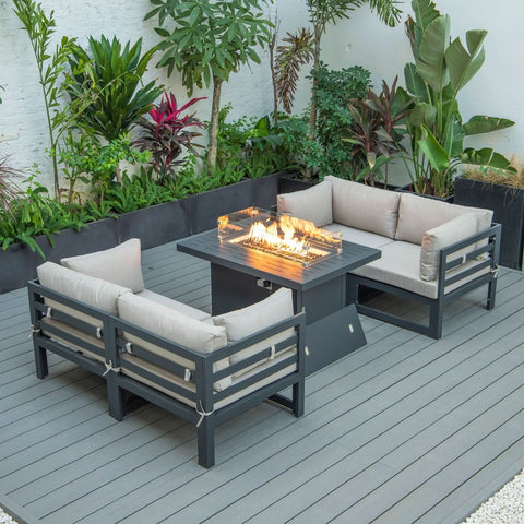 Chelsea 5-Piece Sectional Loveseat and Fireplace Set Black Aluminum with Cushions