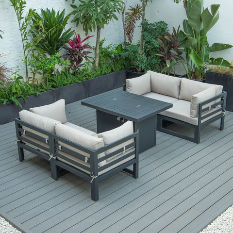 Chelsea 5-Piece Sectional Loveseat and Fireplace Set Black Aluminum with Cushions