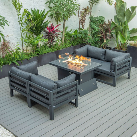Chelsea 5-Piece Sectional Loveseat and Fireplace Set Black Aluminum with Cushions