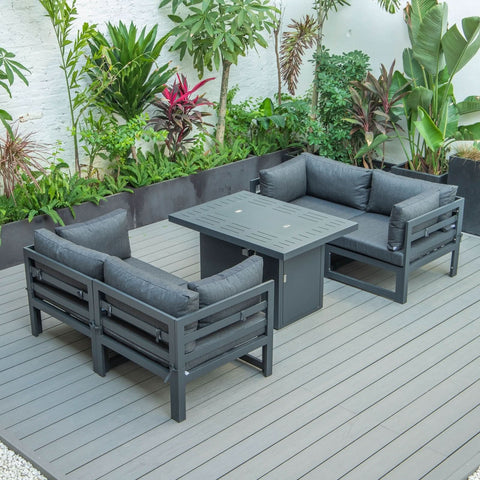 Chelsea 5-Piece Sectional Loveseat and Fireplace Set Black Aluminum with Cushions