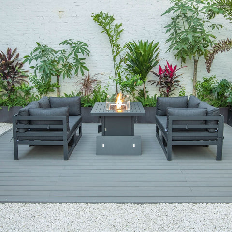 Chelsea 5-Piece Sectional Loveseat and Fireplace Set Black Aluminum with Cushions