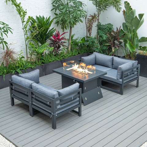 Chelsea 5-Piece Sectional Loveseat and Fireplace Set Black Aluminum with Cushions