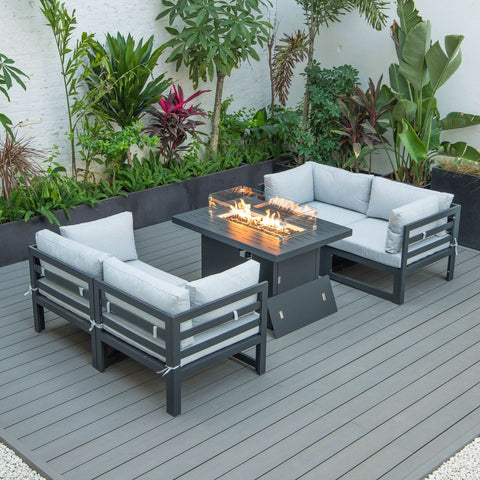 Chelsea 5-Piece Sectional Loveseat and Fireplace Set Black Aluminum with Cushions