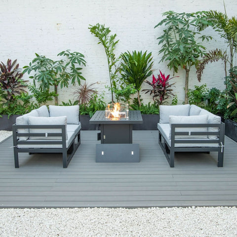 Chelsea 5-Piece Sectional Loveseat and Fireplace Set Black Aluminum with Cushions