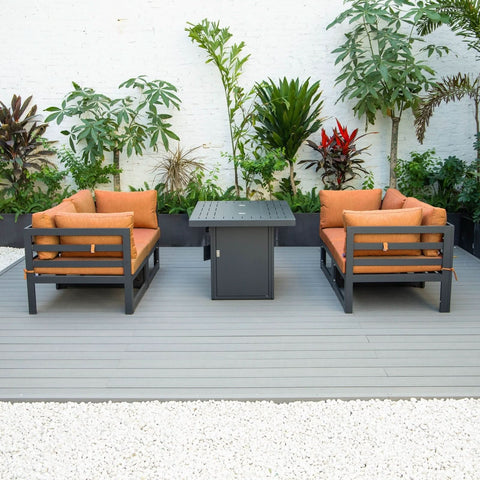Chelsea 5-Piece Sectional Loveseat and Fireplace Set Black Aluminum with Cushions