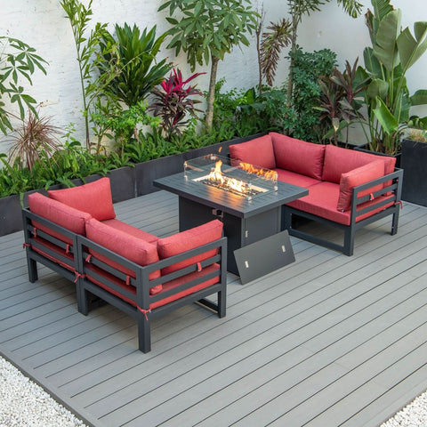 Chelsea 5-Piece Sectional Loveseat and Fireplace Set Black Aluminum with Cushions