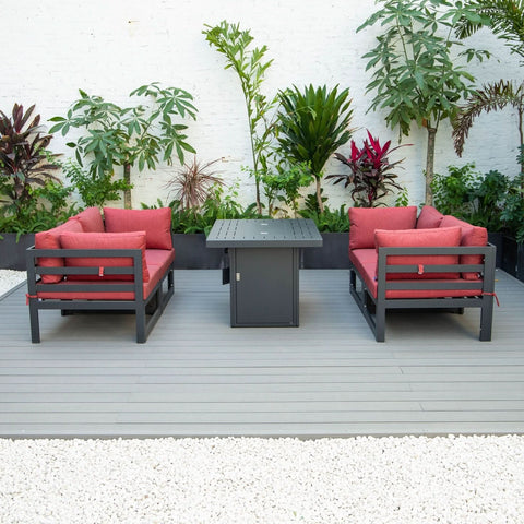 Chelsea 5-Piece Sectional Loveseat and Fireplace Set Black Aluminum with Cushions