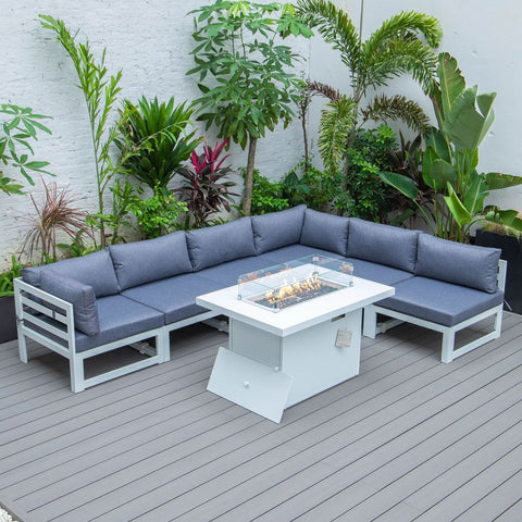 Chelsea 7-Piece Patio Sectional And Fire Pit Table In White Aluminum With Cushions
