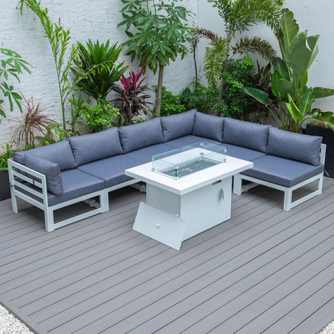 Chelsea 7-Piece Patio Sectional And Fire Pit Table In White Aluminum With Cushions