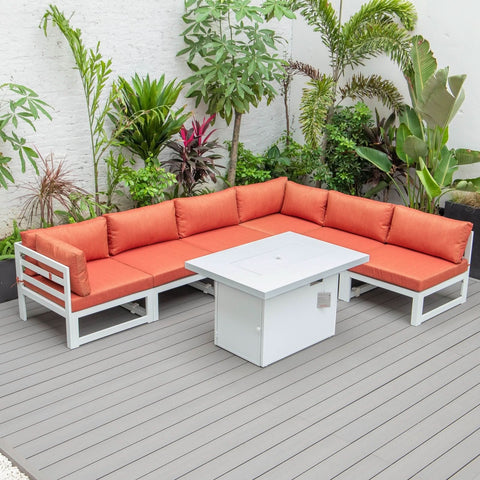 Chelsea 7-Piece Patio Sectional And Fire Pit Table In White Aluminum With Cushions