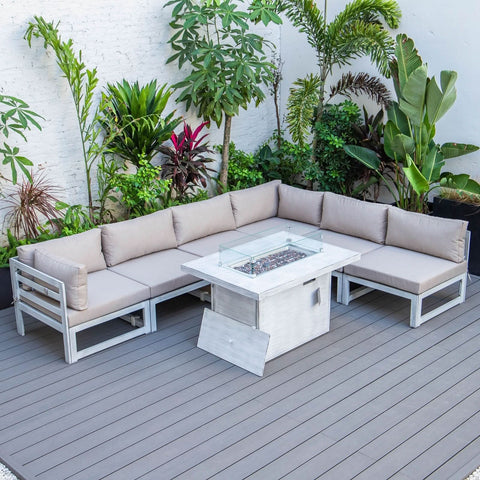 Chelsea 7-Piece Patio Sectional And Fire Pit Table In Weathered Grey Aluminum With Cushions
