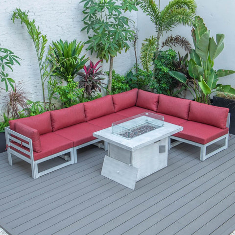 Chelsea 7-Piece Patio Sectional And Fire Pit Table In Weathered Grey Aluminum With Cushions